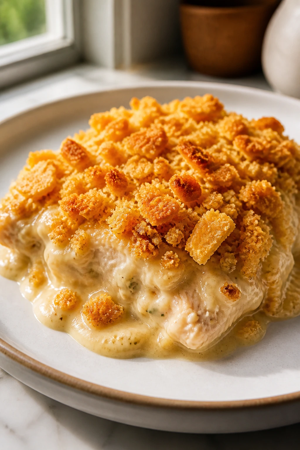 Leftover Creamy Chicken Ritz plated on counter showing crisp crust and sauce