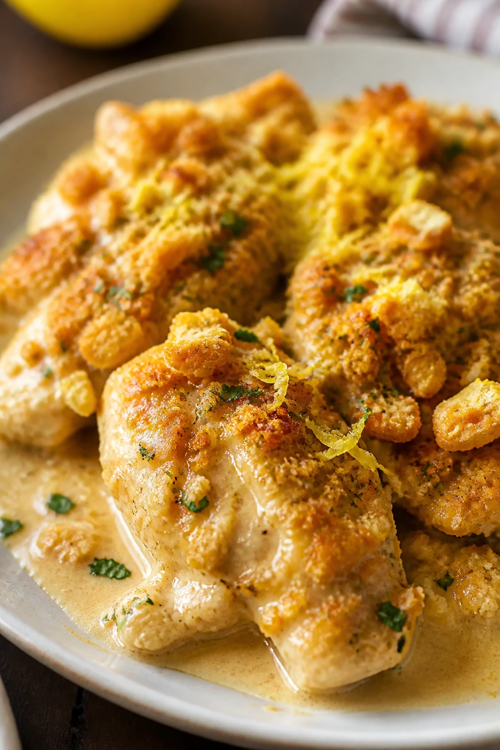 Creamy Chicken Ritz plated with lemon zest accent on sauce