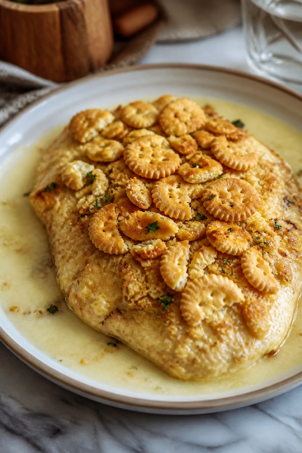 Close-up of plated Creamy Chicken Ritz with cracker crust and sauce around the edge