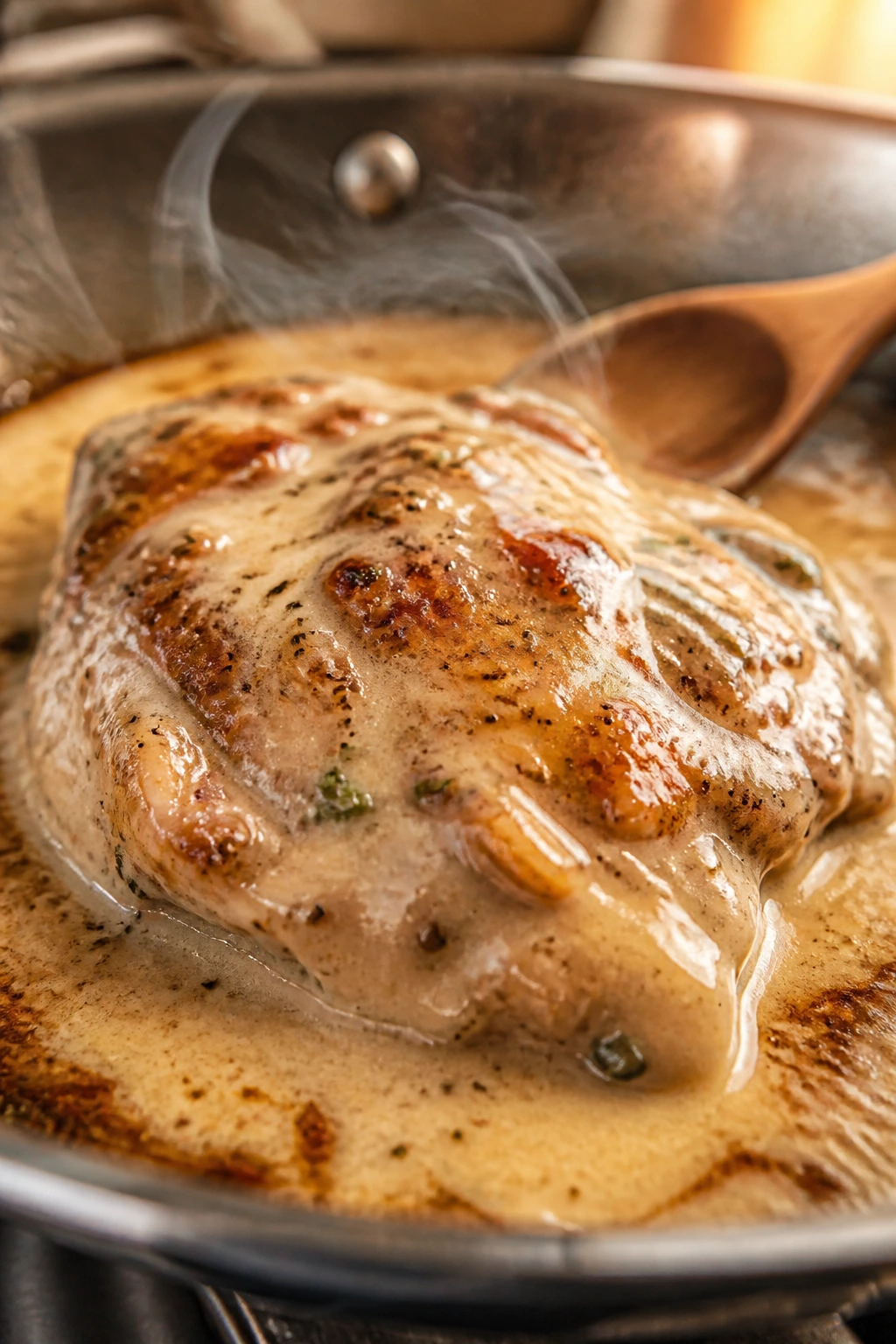 Close-up of creamy chicken thigh in skillet with glossy sauce and fond