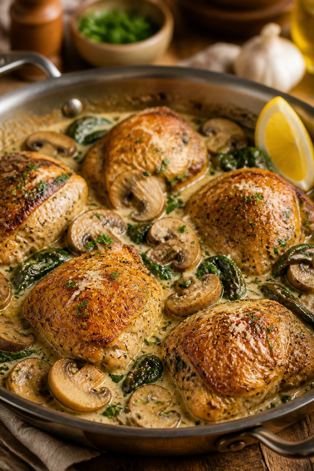 Close-up of creamy chicken skillet with mushrooms and spinach on a plate