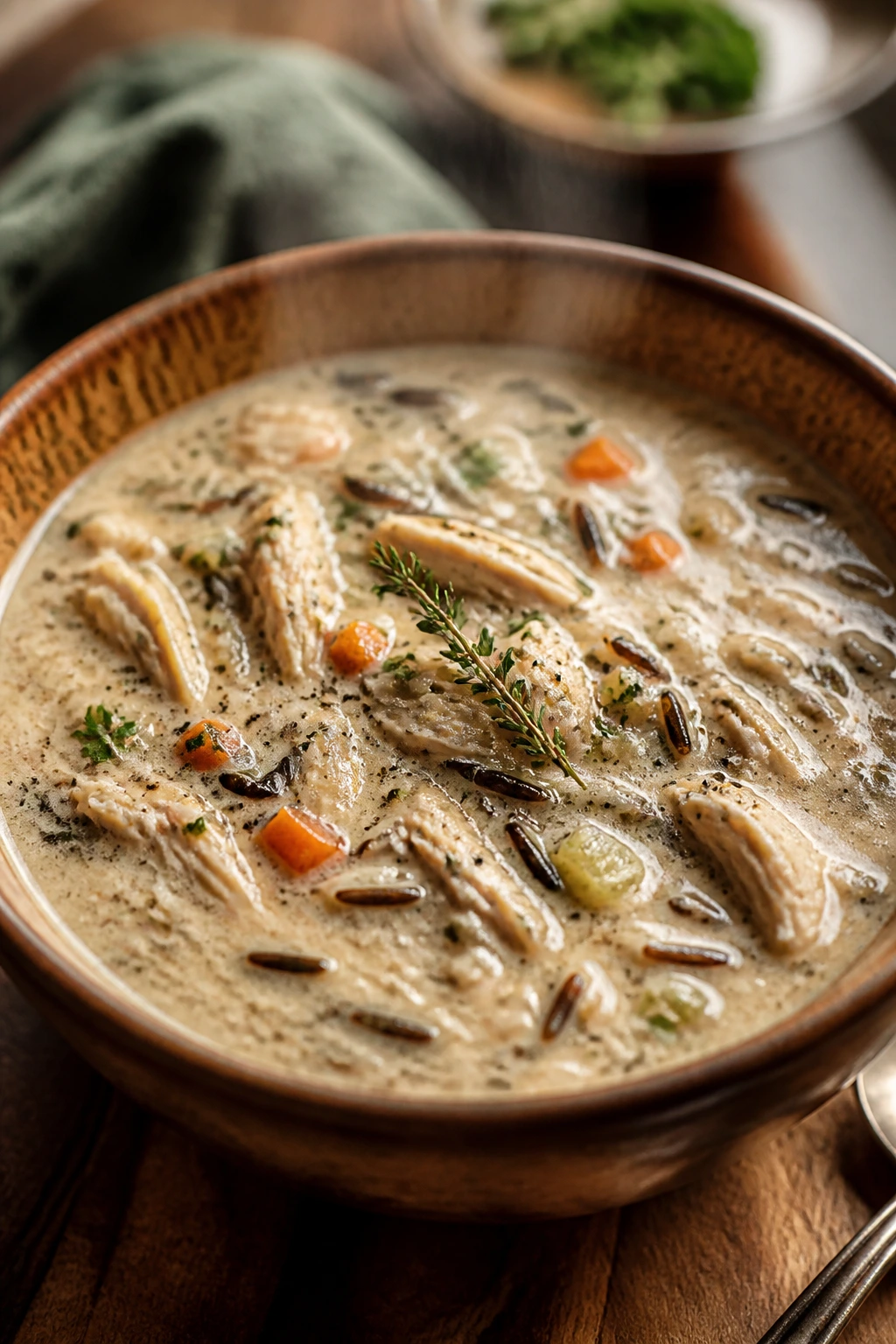 Steaming bowl of creamy chicken and wild rice soup with visible chunks