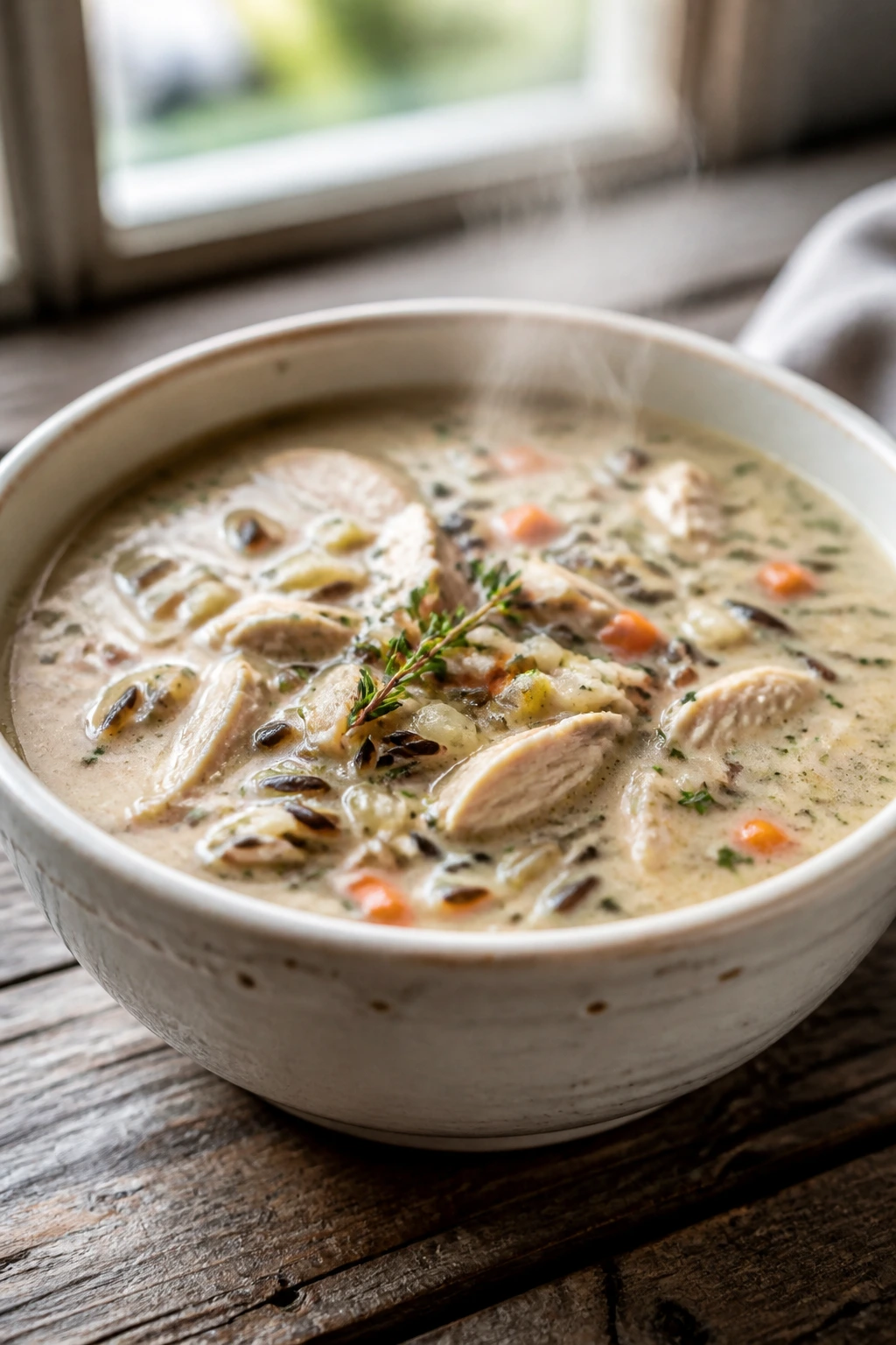 Close-up of creamy chicken and wild rice soup in a rustic bowl on a wooden counter