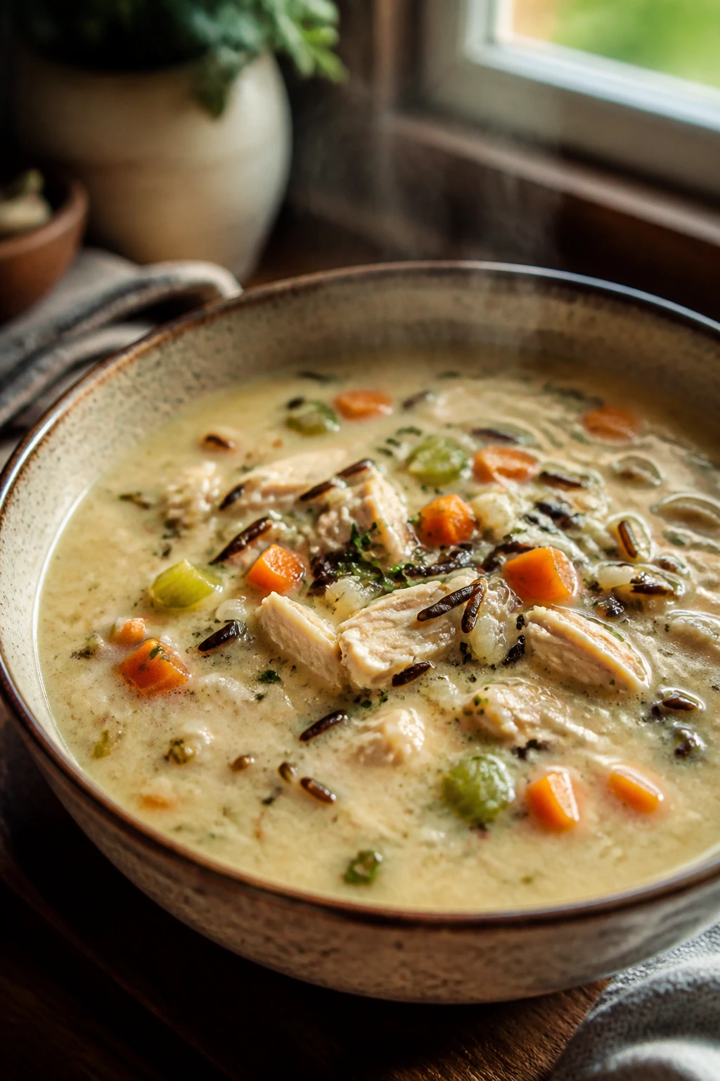 Creamy chicken and wild rice soup in a bowl in a cozy kitchen