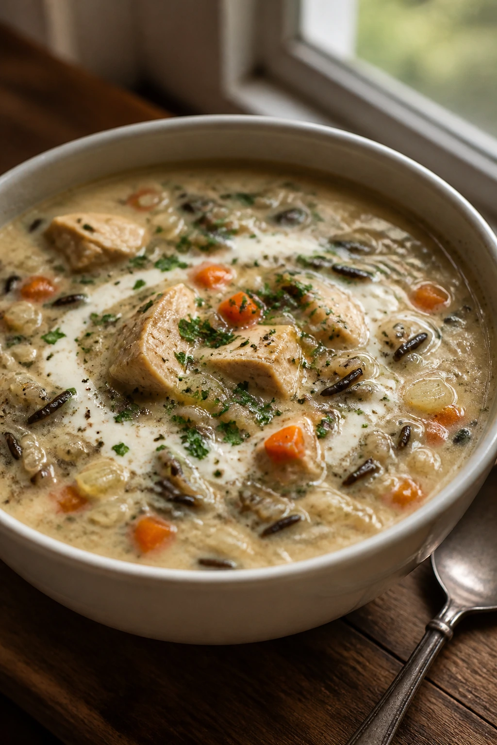 Creamy chicken and wild rice soup in a bowl