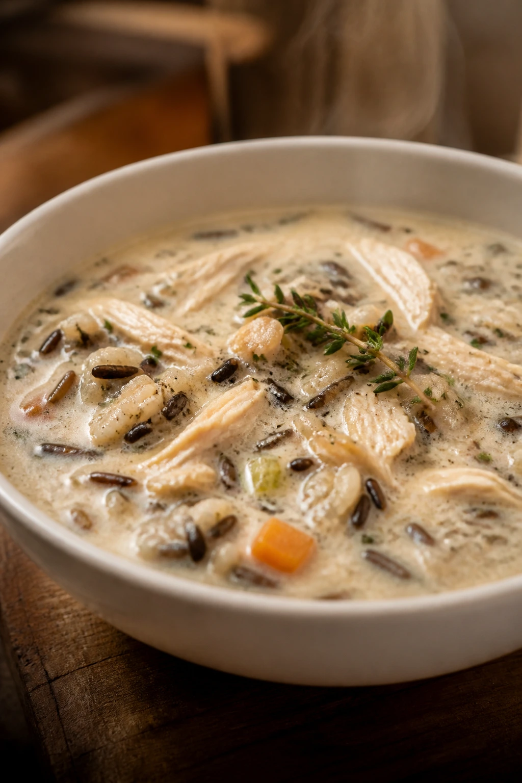 Creamy chicken and wild rice soup in a bowl with thyme.