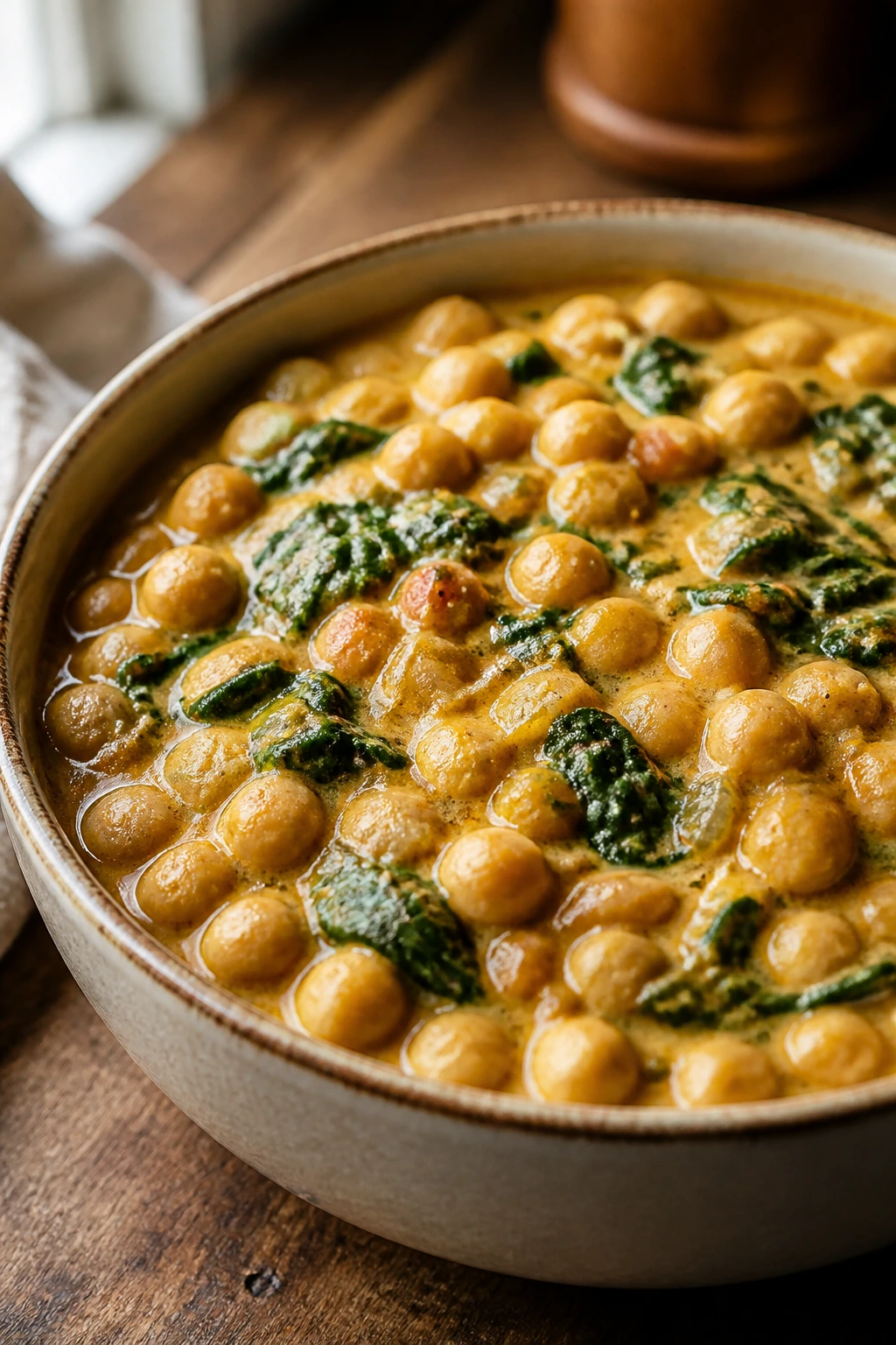 Close-up of creamy chickpea curry with chickpeas and spinach in coconut milk