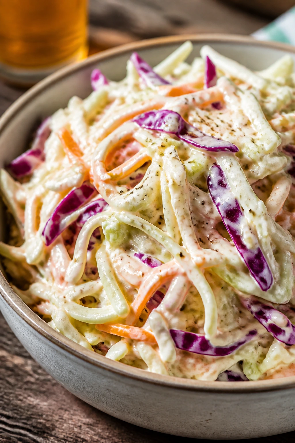 Creamy coleslaw in a bowl with shredded cabbage and carrot.