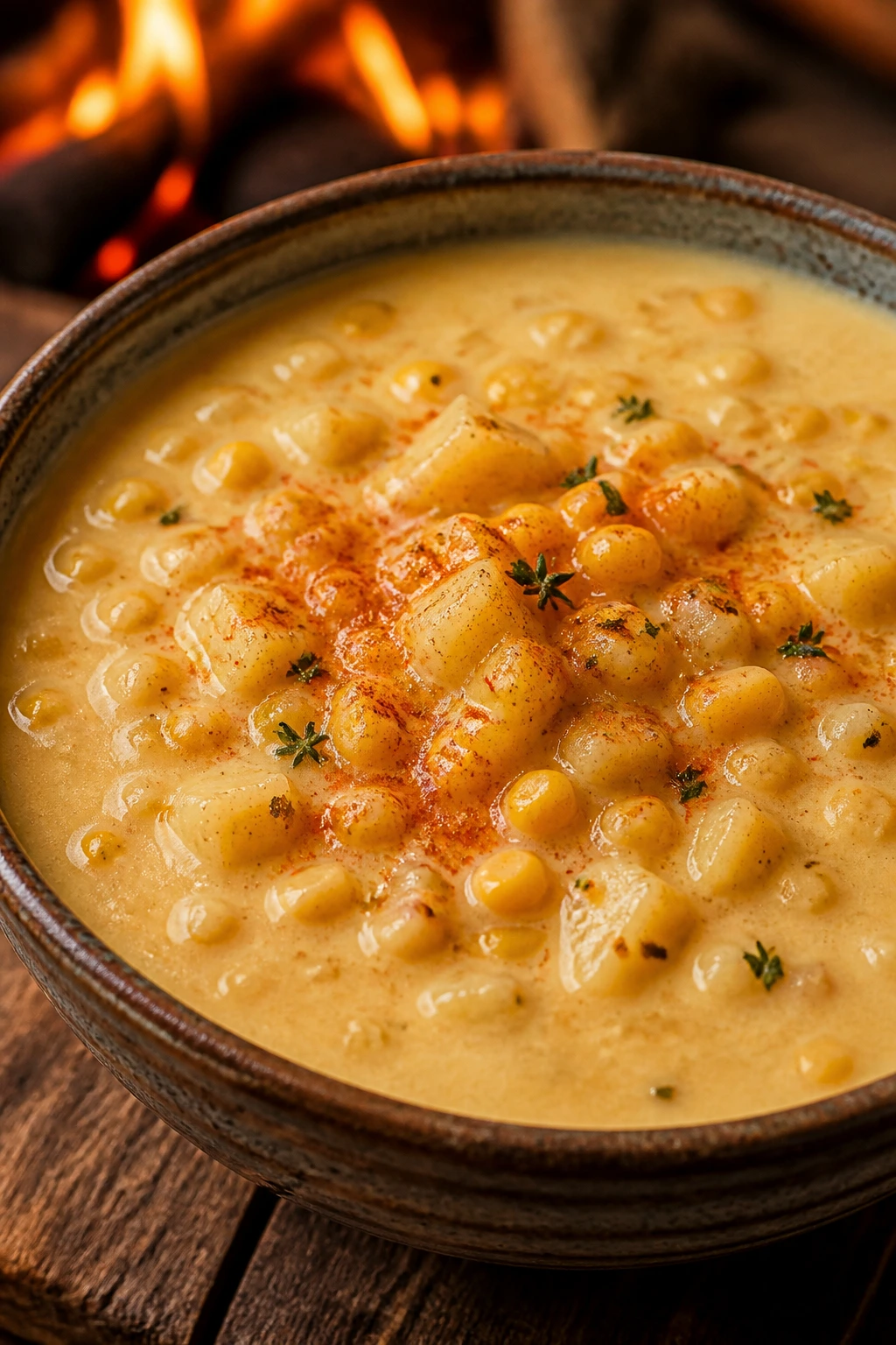 Close-up of creamy corn chowder with corn and potato pieces