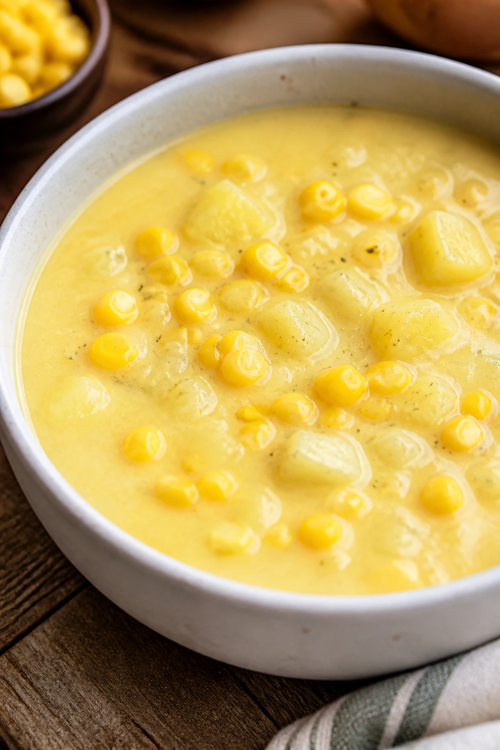 Creamy corn and potato soup in a bowl with visible corn kernels