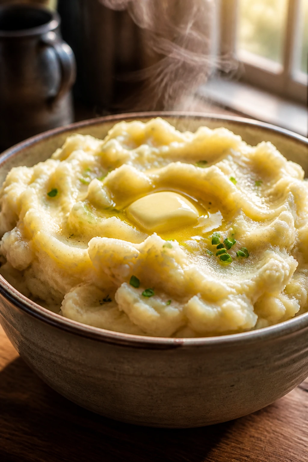 Creamy mashed potatoes in a rustic bowl with butter and chives