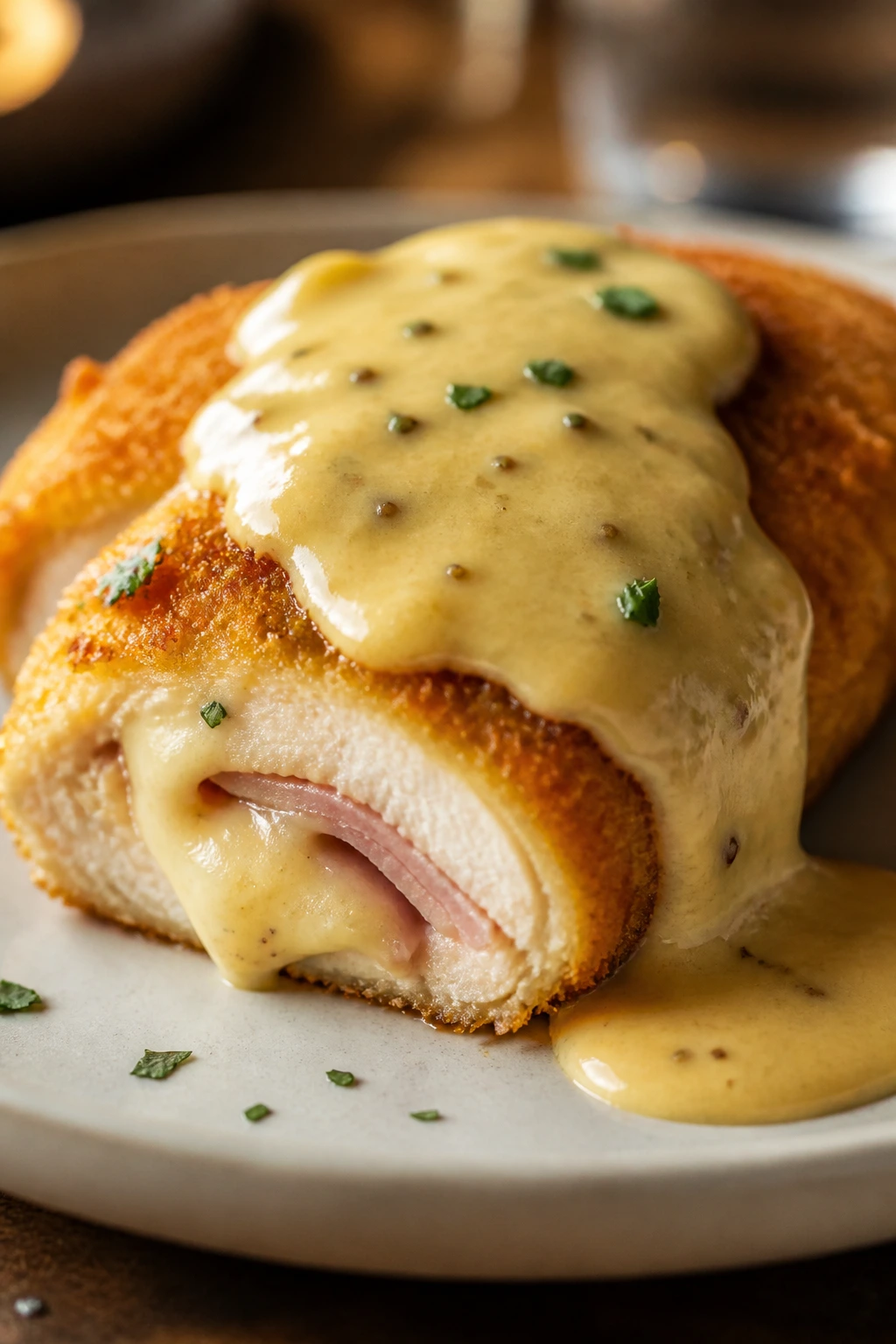 Plated chicken with creamy Dijon sauce draped over