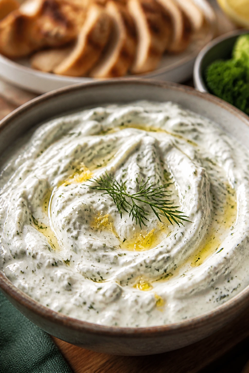 Creamy yogurt-lemon-garlic dip in a bowl on a table with blurred chicken and vegetables