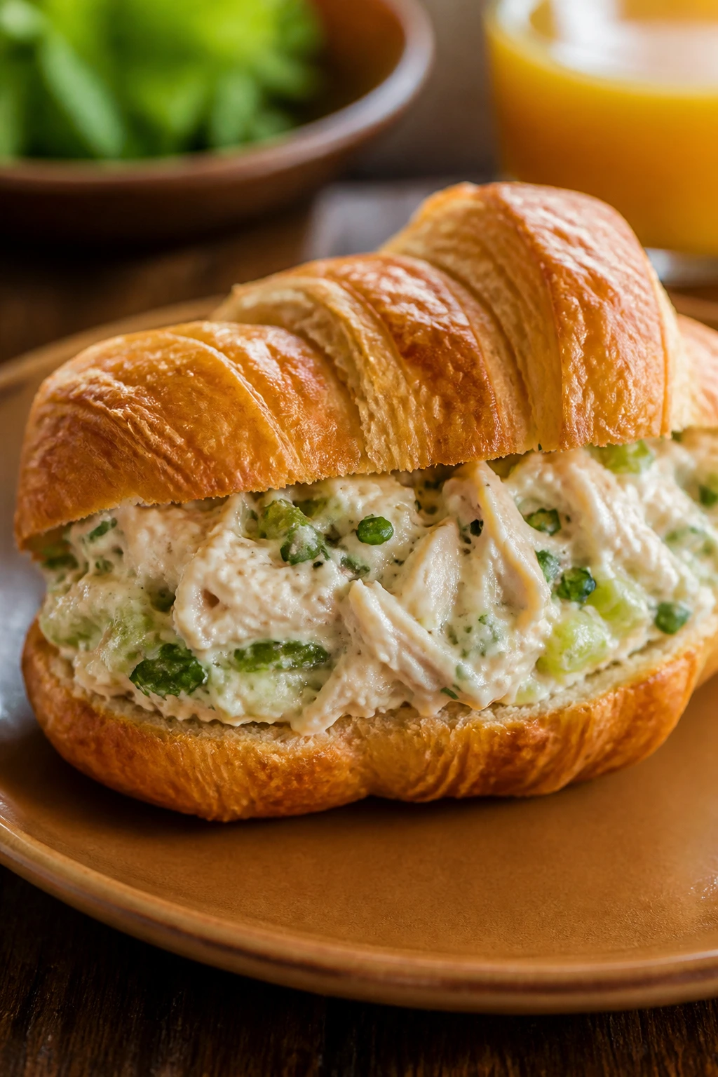 Croissant half with a balanced creamy chicken salad filling