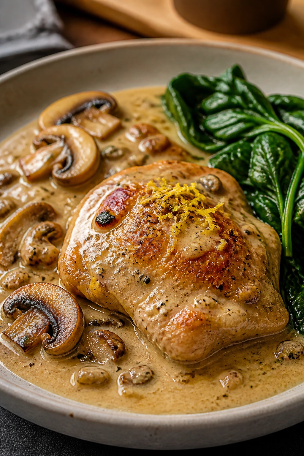 Creamy garlic chicken with lemon zest and mushrooms on plate