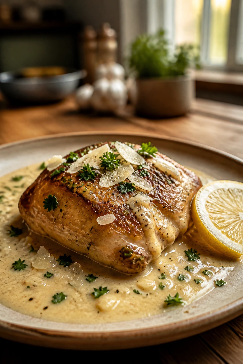 Close-up of creamy garlic chicken plated with sauce, lemon wedge, and herbs in a cozy kitchen
