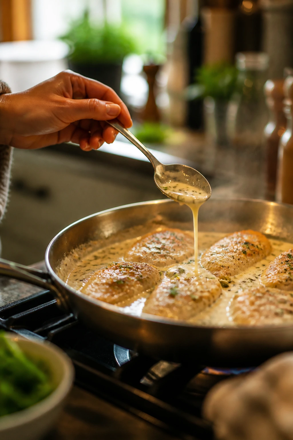 Home cook contemplating creamy garlic chicken on stove