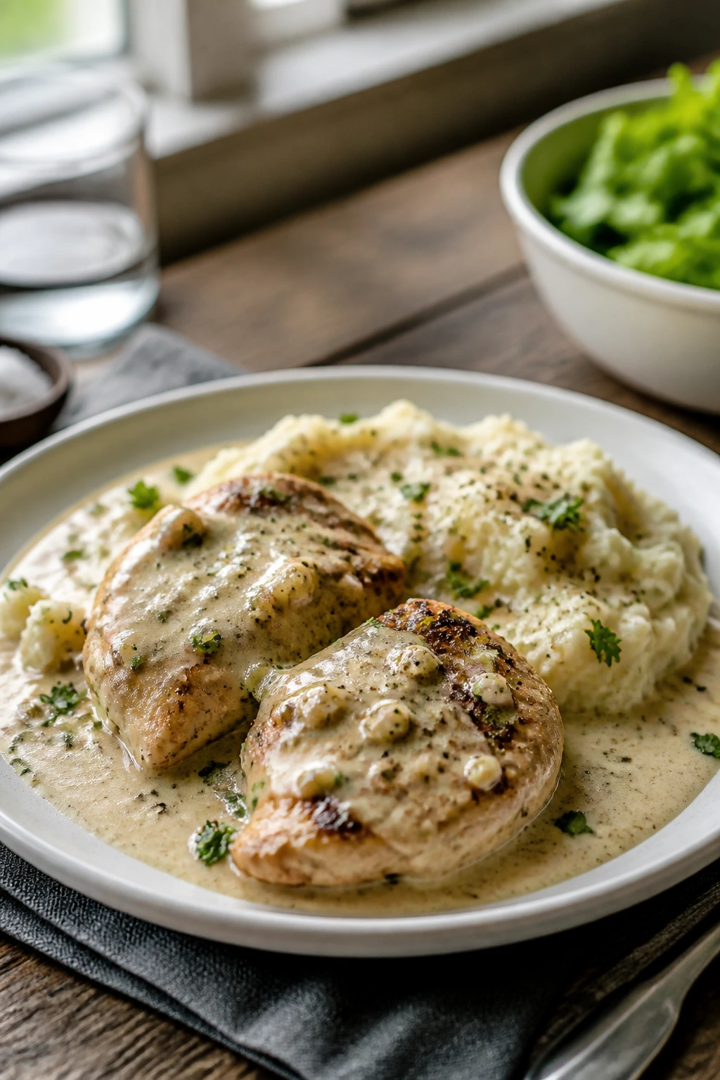 Creamy garlic chicken plated on a rustic table