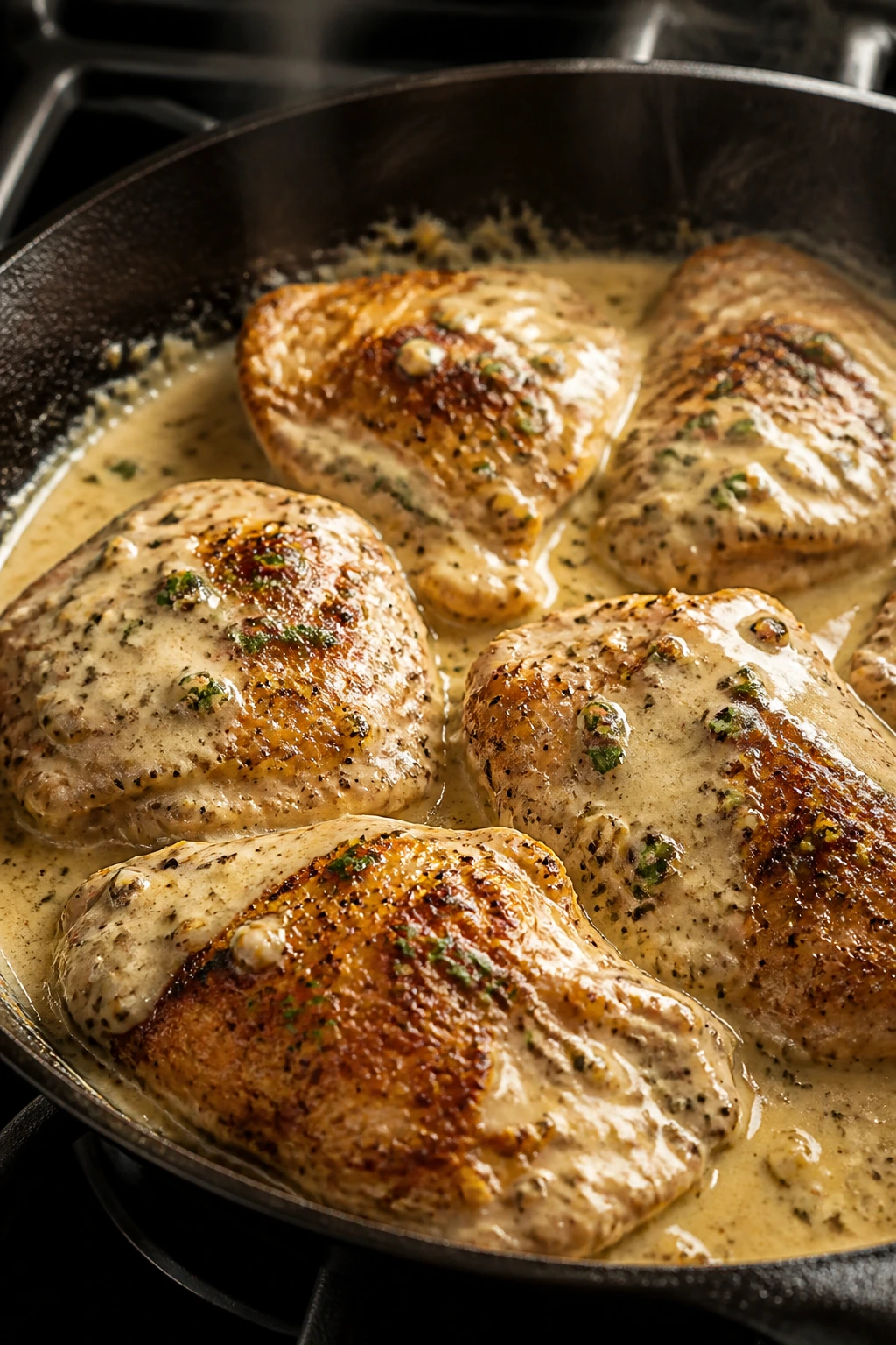 Close-up of creamy garlic chicken in skillet with glossy sauce