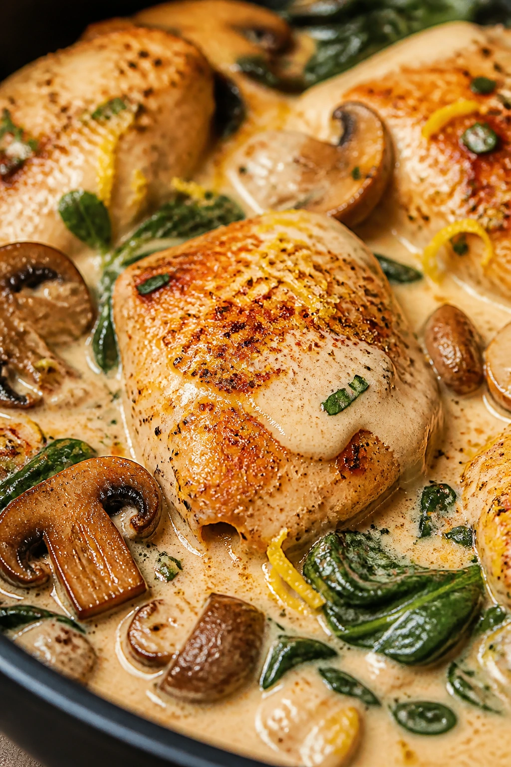 Creamy garlic chicken with paprika-tinted sauce and mushrooms on plate