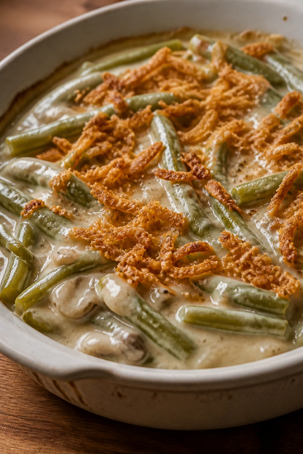Creamy green bean casserole in a shallow dish with fried onions