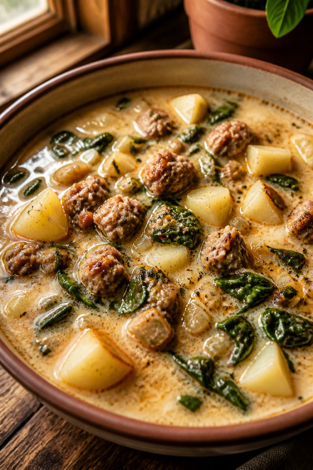 Creamy sausage soup with potatoes and spinach in a bowl on a cozy kitchen table