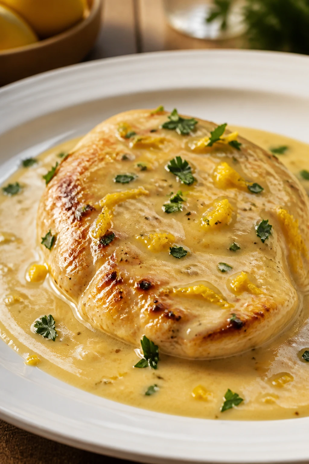 Close-up of creamy lemon chicken on a plate with parsley and lemon zest in a warm kitchen setting