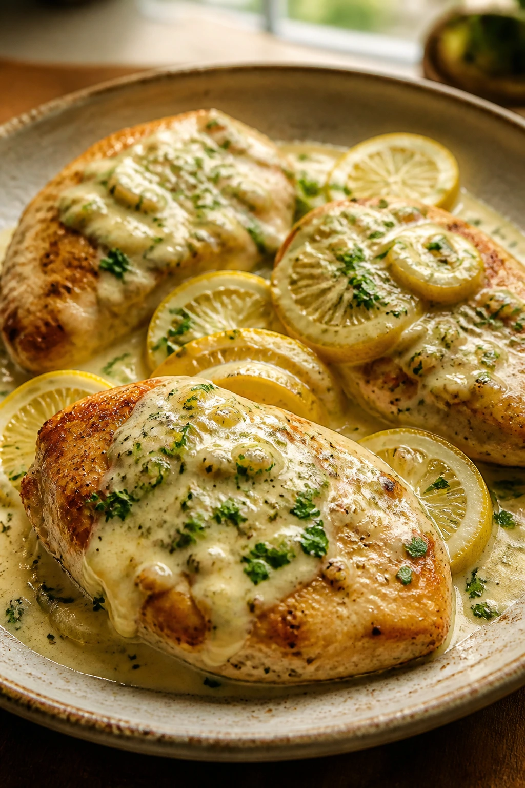 Close-up of creamy lemon chicken on a rustic plate with lemon-parmesan sauce