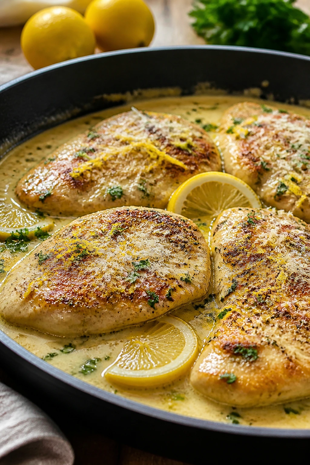 Close-up of creamy lemon chicken in a skillet with lemon zest and Parmesan.