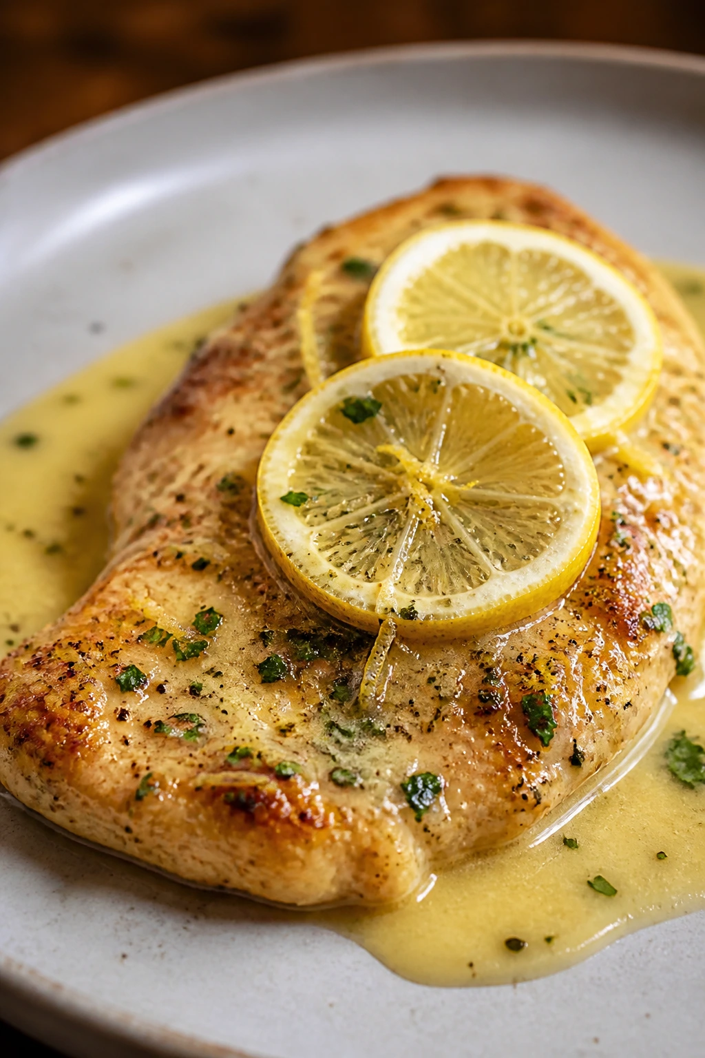 Chicken cutlet with creamy lemon sauce on a plate.