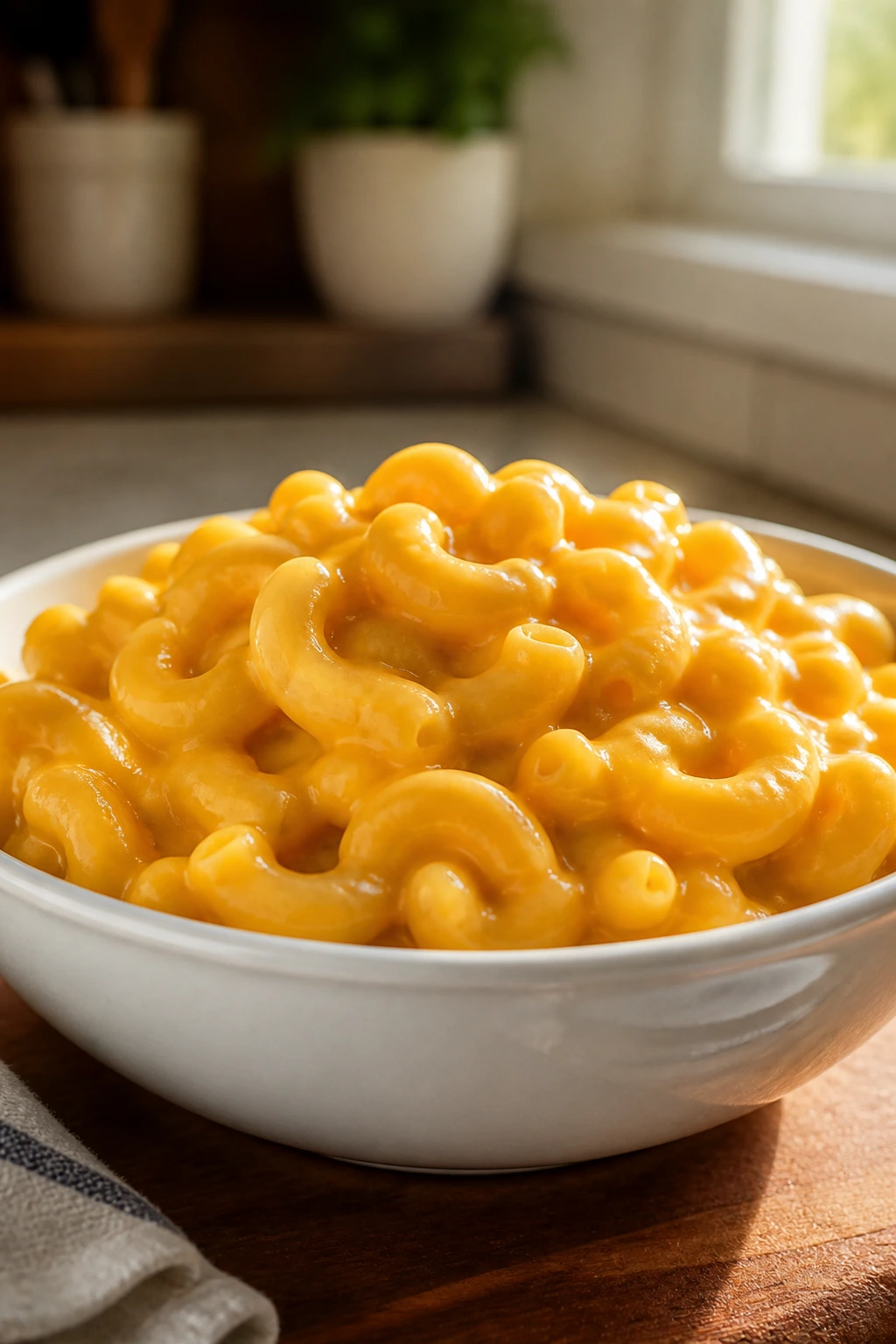 Creamy macaroni and cheese in white bowl with cheddar sauce on a warm kitchen counter