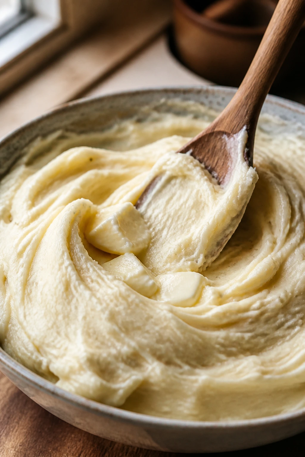 Cream cheese mashed potatoes being whipped in a bowl