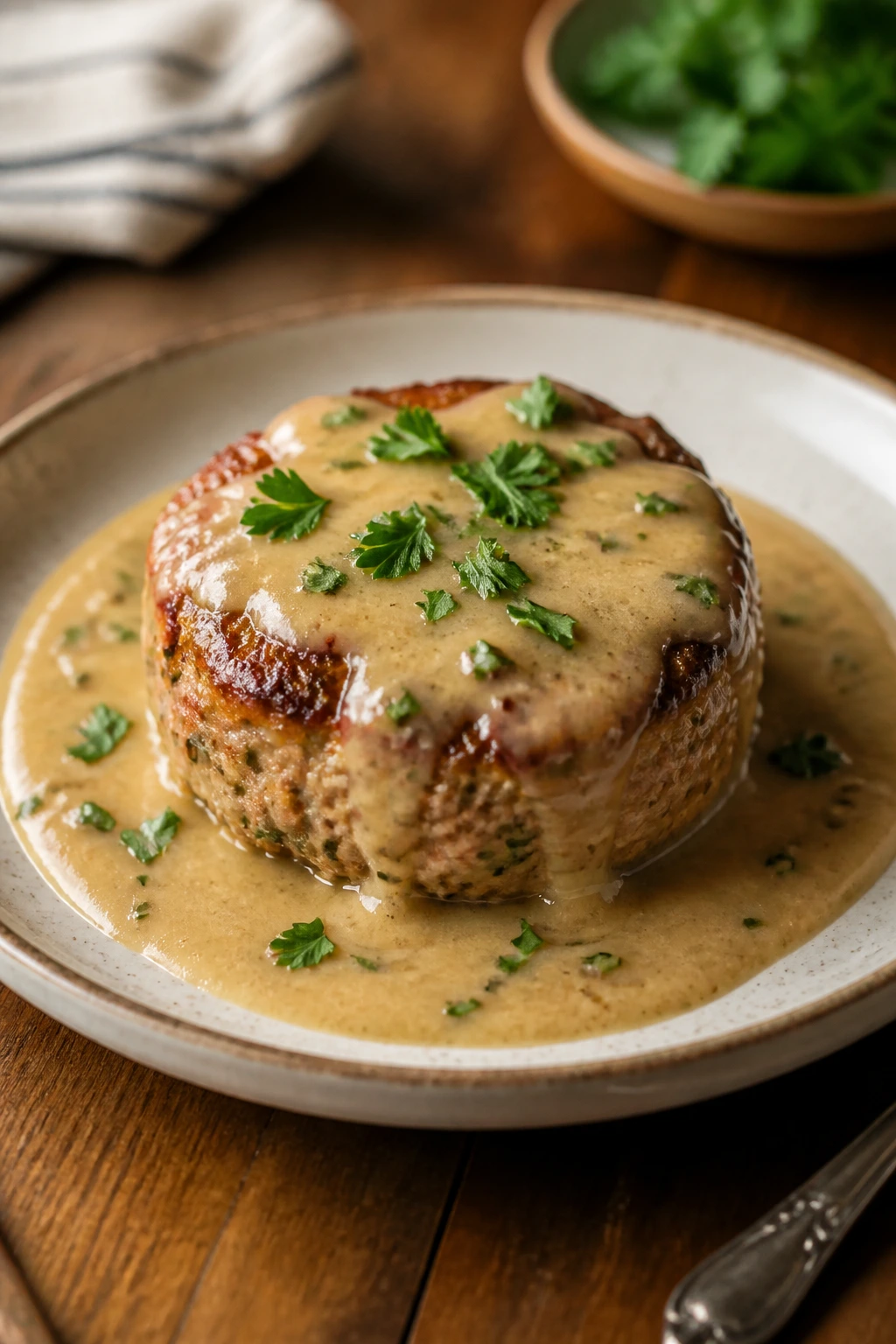 Creamy mini turkey meatloaf plated with sauce