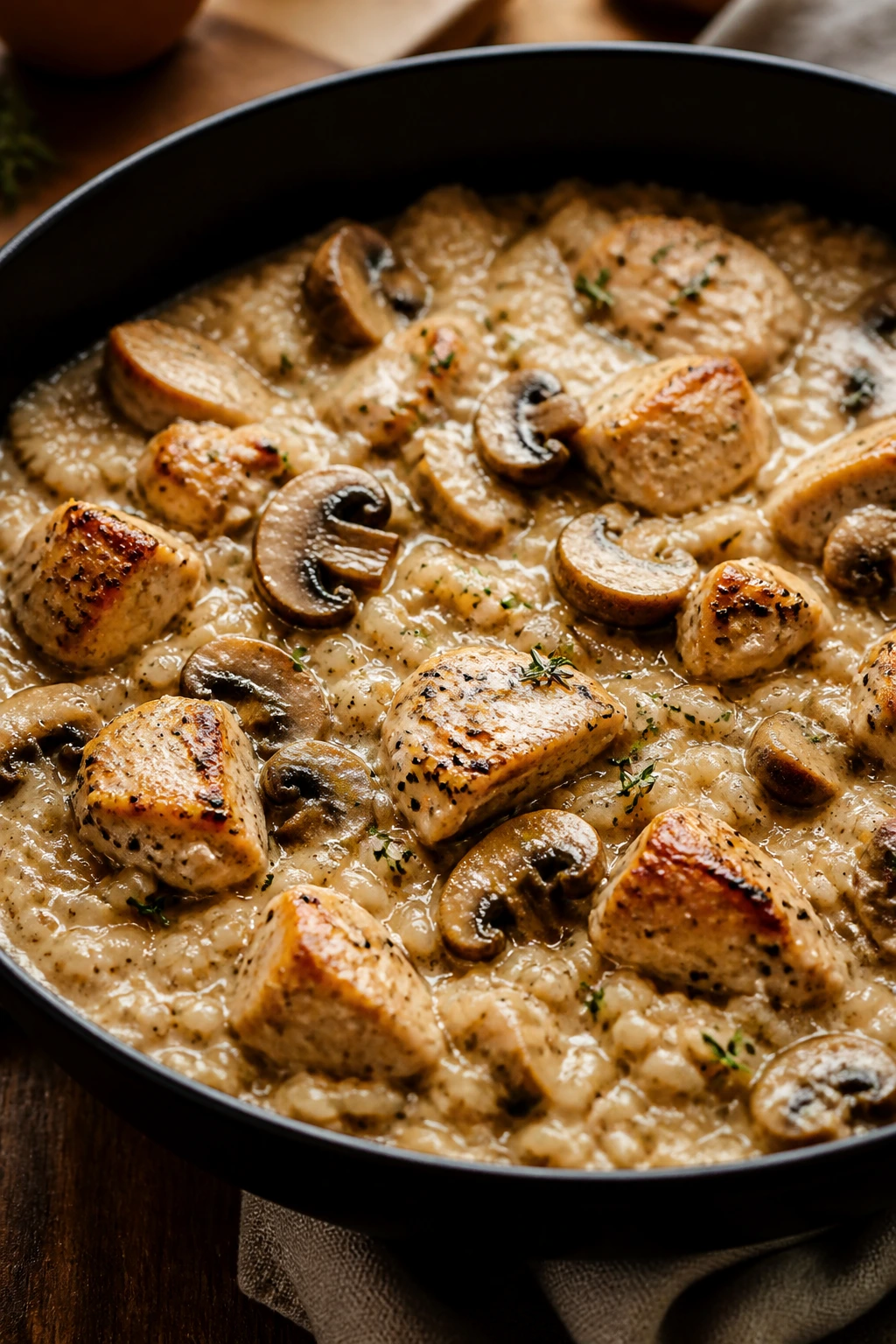 Close-up of Creamy Mushroom Chicken and Rice in a skillet