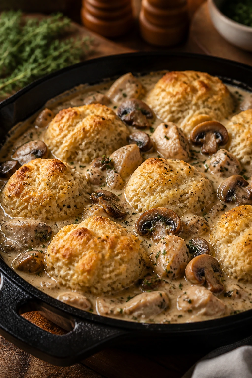 Creamy mushroom chicken with biscuits in skillet