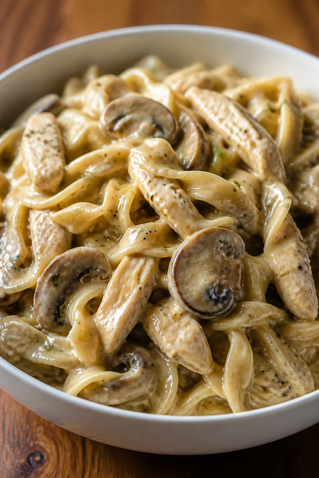 Close-up of creamy mushroom chicken and noodles in a bowl