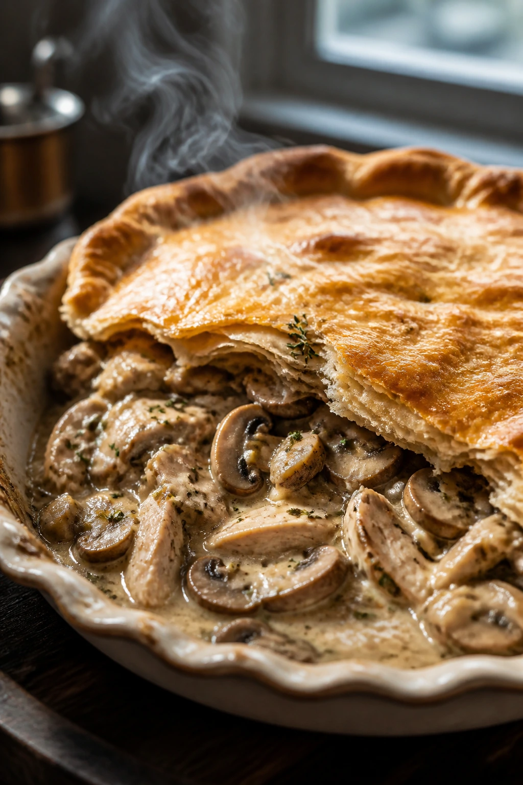 Creamy mushroom chicken pot pie with mushroom-filled filling