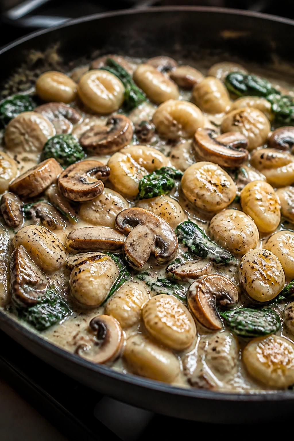 Creamy mushroom gnocchi in skillet with spinach and parmesan