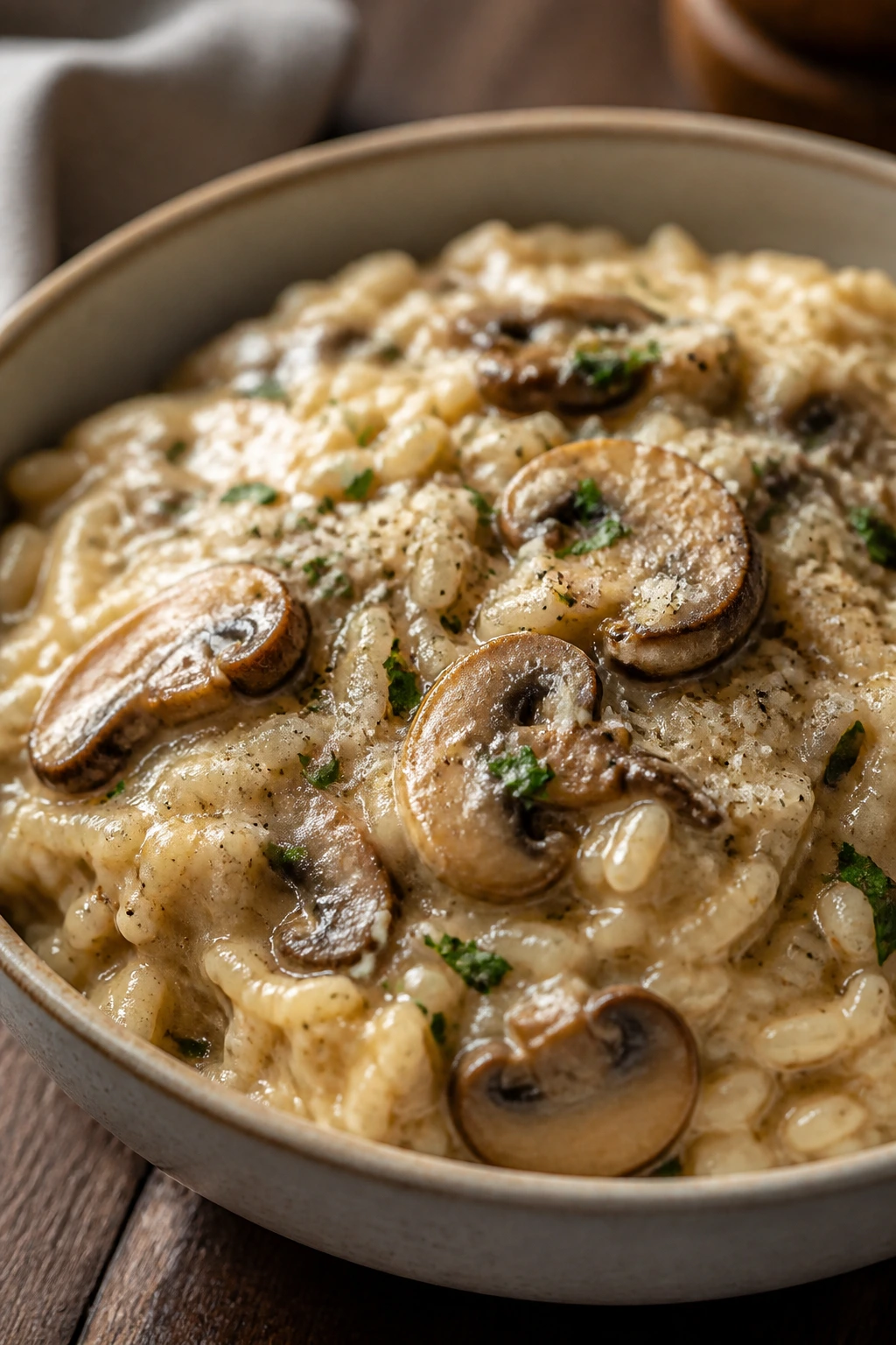 Close-up of creamy mushroom parmesan rice in a bowl