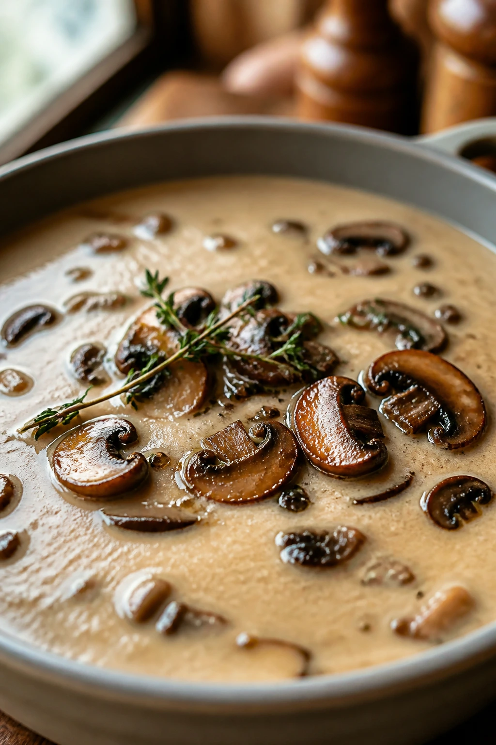 Creamy mushroom soup with browned mushrooms on top