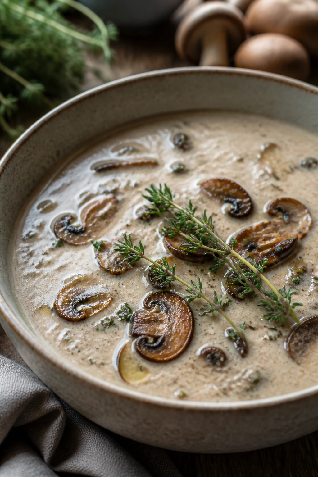 Creamy mushroom soup with thyme in a rustic setting