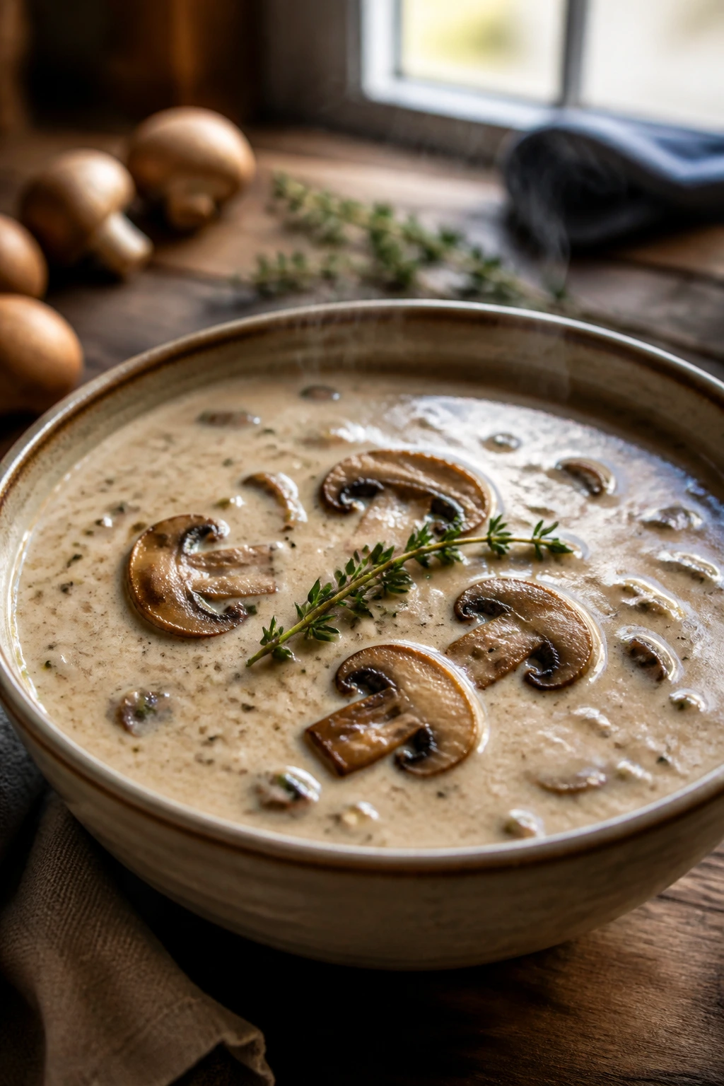 Close-up of creamy mushroom soup in a bowl with browned mushrooms and thyme in a warm kitchen