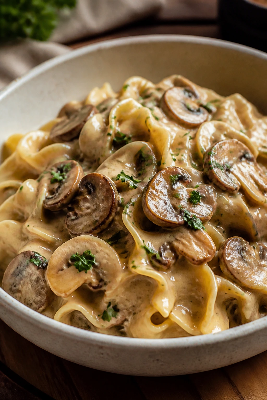 Bowl of creamy mushroom stroganoff over egg noodles