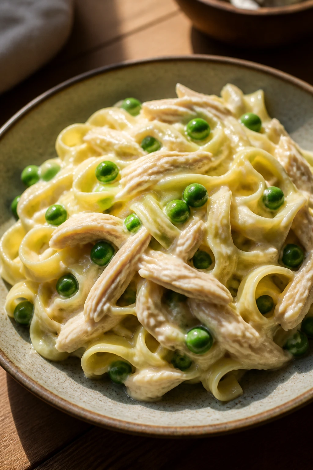Close-up of creamy buttered noodles with chicken and peas on a plate.