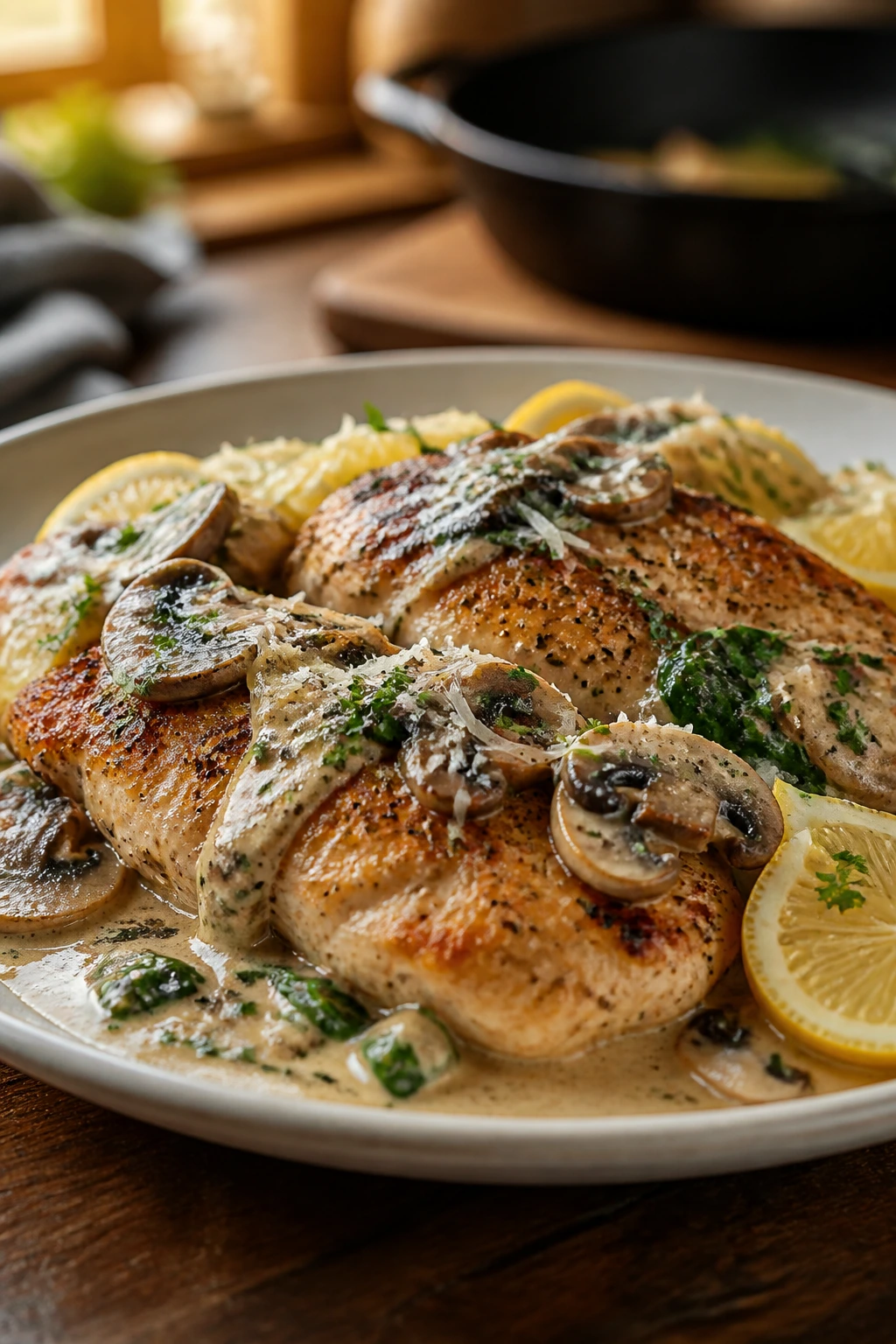 Plated creamy pan chicken with mushrooms, spinach and lemon on a rustic table