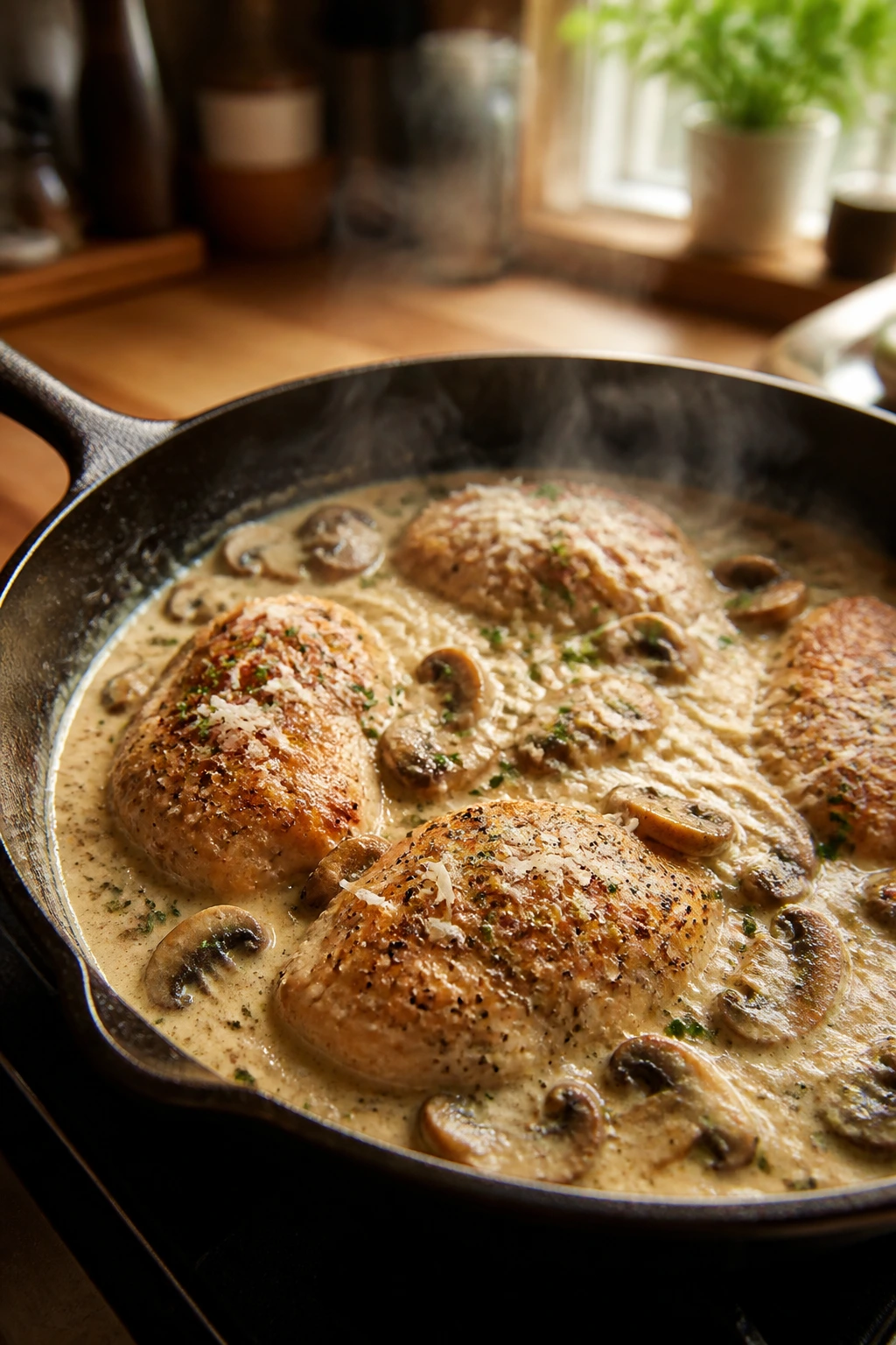 Close-up of creamy pan chicken with mushrooms and Parmesan on a stove