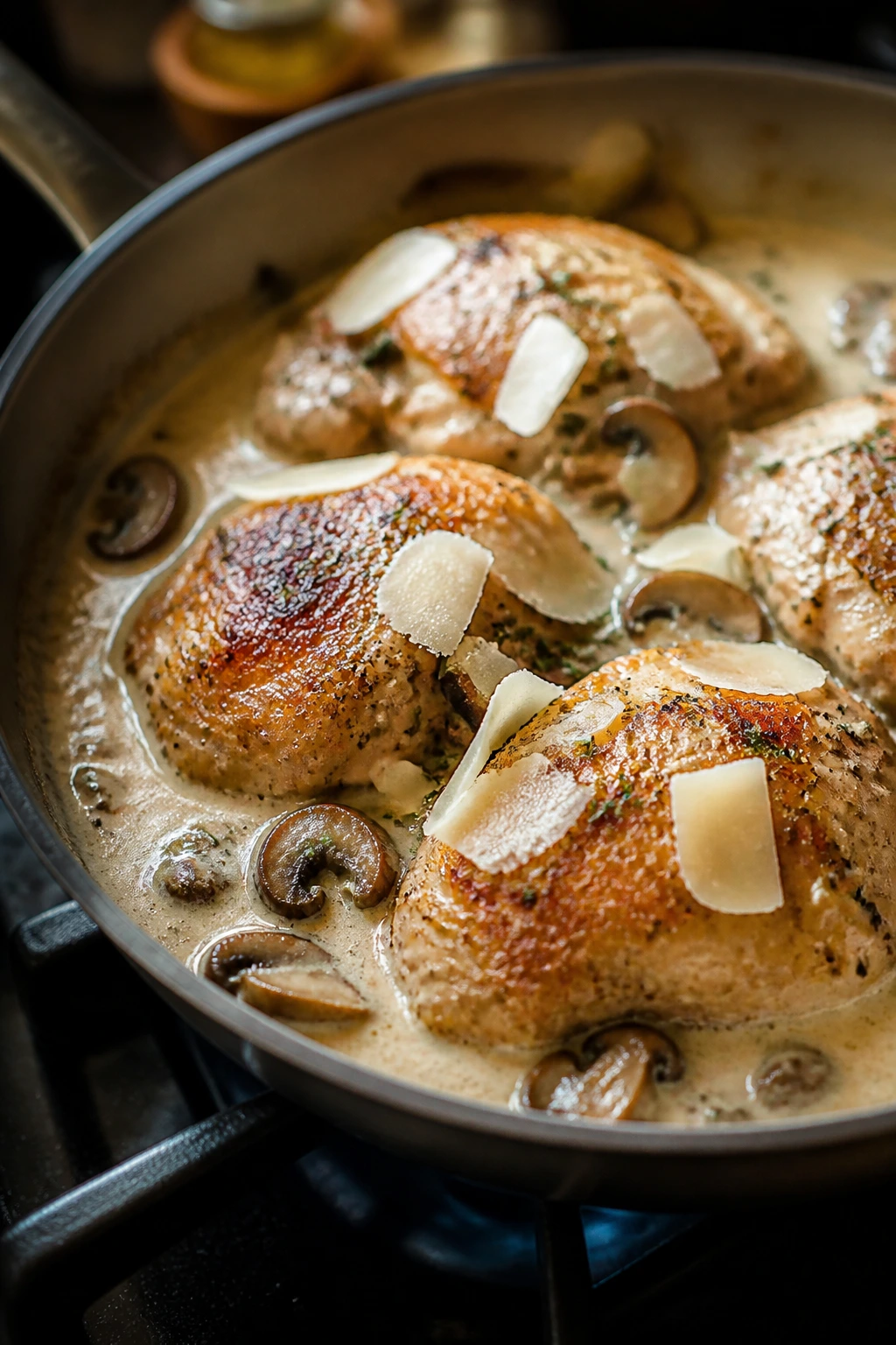 Skillet with chicken and creamy parmesan finish variation.