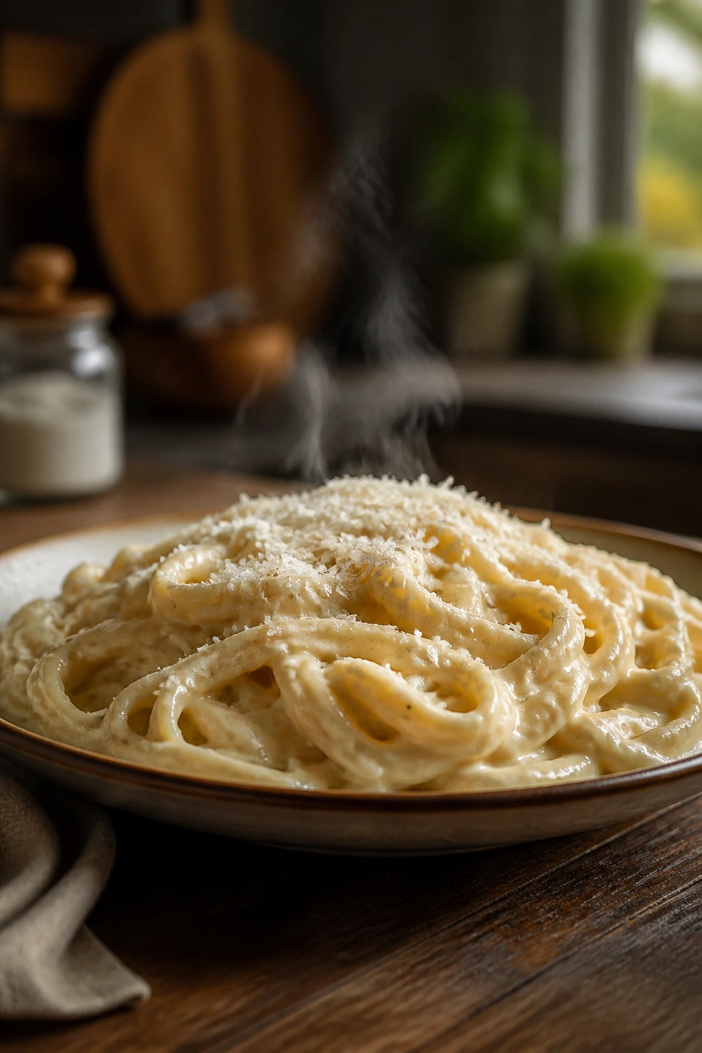 Plate of creamy pasta on a rustic table.