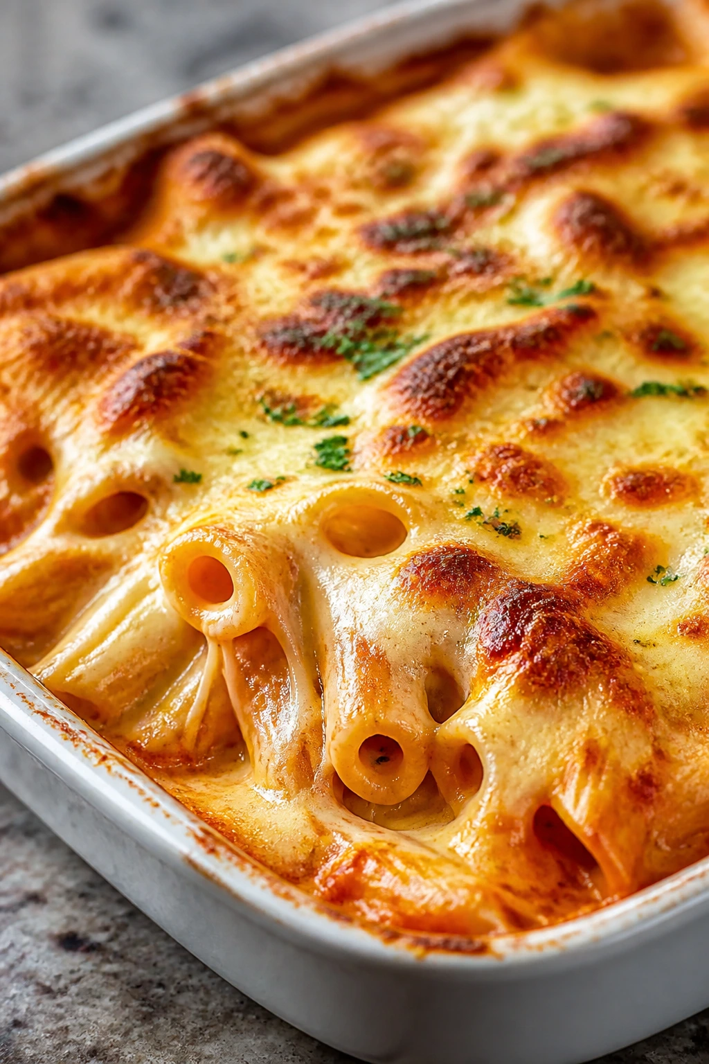Creamy baked pasta with melted cheese ready to serve