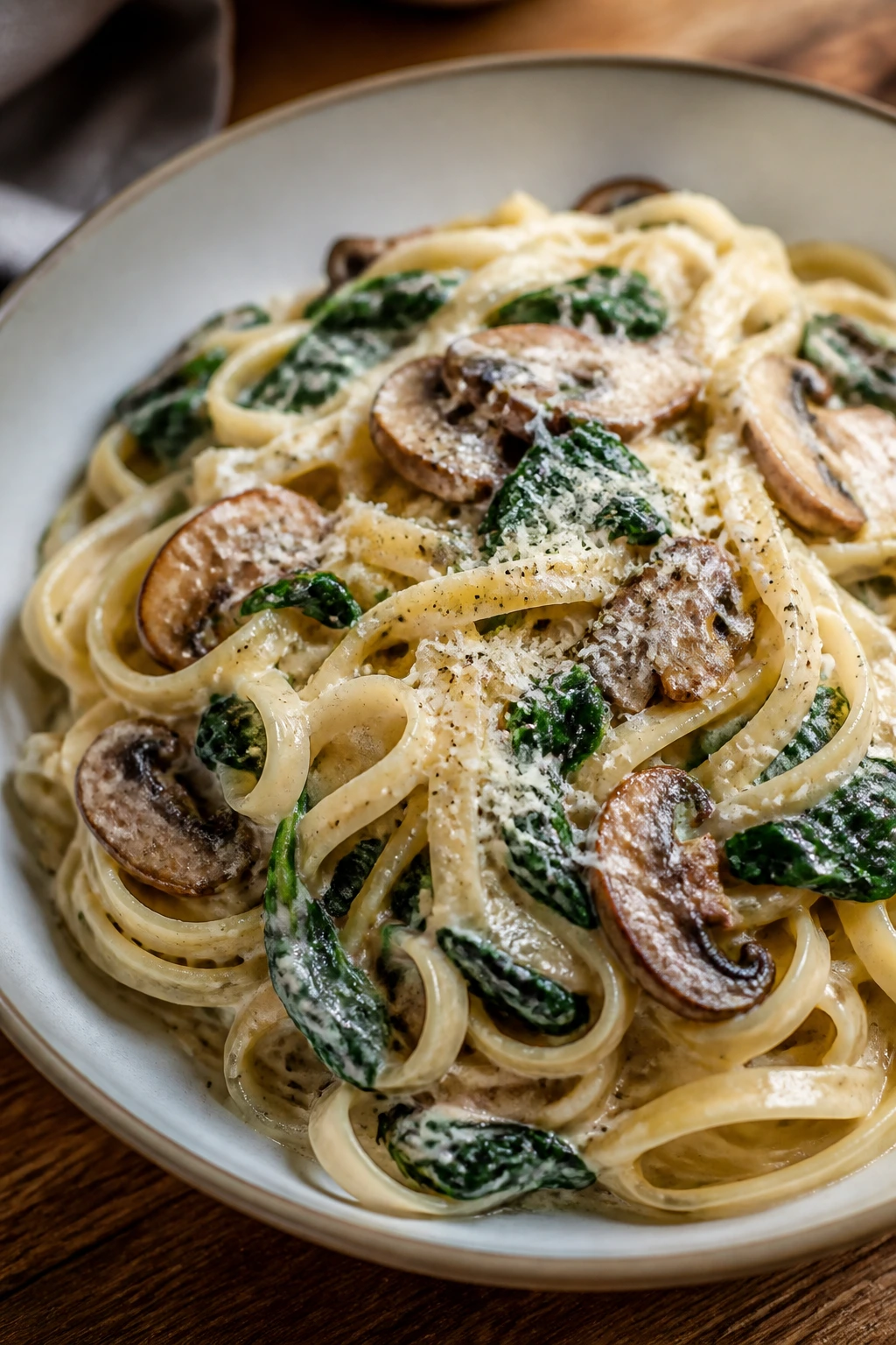 Creamy spinach mushroom pasta on plate with mushrooms and spinach in a creamy sauce